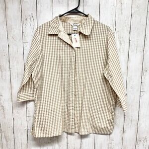 Alia Gingham Check Button Down Shirt Women 16 Tan White Cotton Blend 53129617